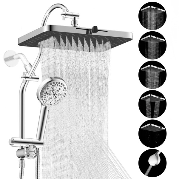 Hibbent cUPC Certified 13'' Shower Head Combo, High Pressure 5 Spray Rainfall Showerhead, 10 Spray Mode Handheld, All Metal Easy Reach 4-way Diverter Arm with Pause Mode, 71'' Hose and Holder, Chrome