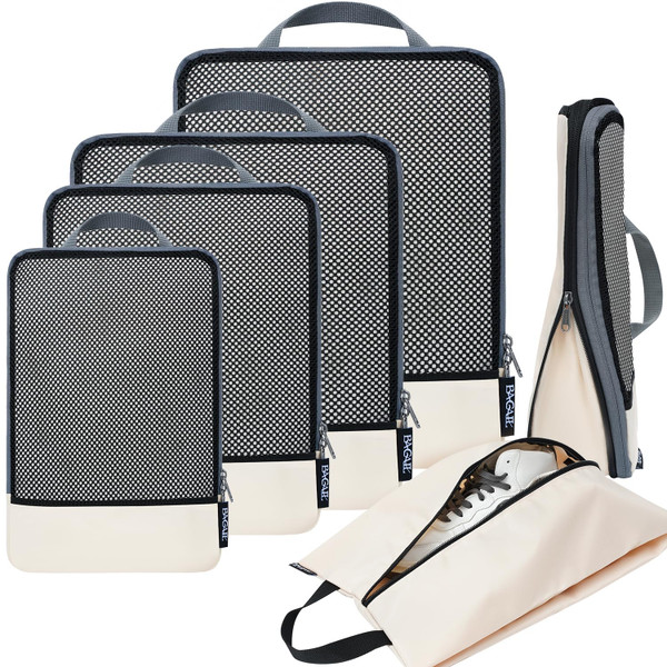 BAGAIL 4 Set/6 Set/8 Set Compression Packing Cubes Travel Accessories Expandable Packing Organizers (Half Mesh, 6-Beige)