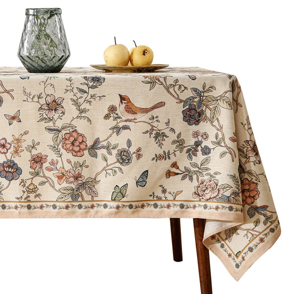 ISAENNE Designer French Light Beige Long Tablecloth Rectangle,Linen Florals and Birds Pattern Table Cloth,Anti-Wrinkle Decorative Tablecloths for Dining Thanksgiving Kitchen,63"*94"-Cornucopia