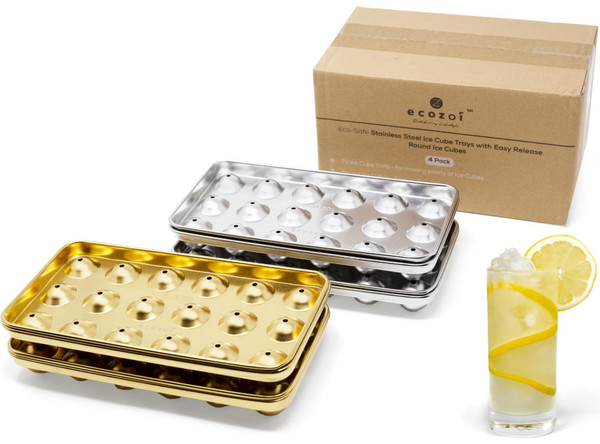 Stainless Steel Ice Cube Trays, 4 Pack with 72 Round Ice Cube Slots - Easy Release, Plastic-Free, Zero Waste