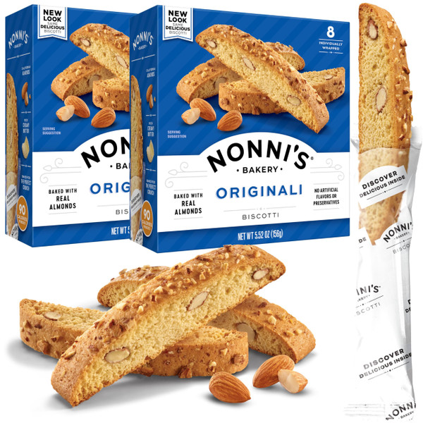 Nonni's Originali Almond Biscotti Italian Cookies - 2 Boxes Biscotti Individually Wrapped Cookies - Italian Biscotti Cookies Baked Fresh w/a Hint of Anise & California Almonds - Kosher - 5.52 oz