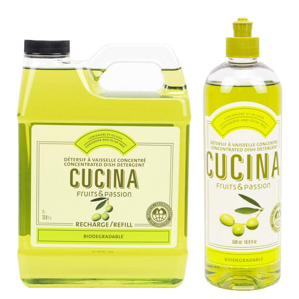 Cucina Fruits & Passion Coriander and Olive Tree Dish Detergent Duo Set, 16.9 fl oz Bottle and 33.8 fl oz Refill, Made in Canada