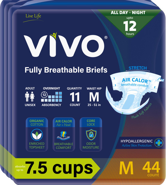 VIVO Organic Cotton Overnight Sensitive Skin Adult Incontinence Diaper Briefs with Tabs, Medium 44 Count