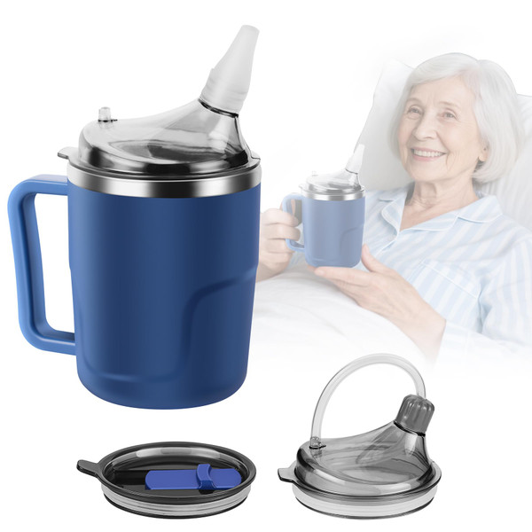 AKIMRABY Adult Sippy Cup, 14 oz Convalescent Feeding Cup with Silicone Spout for Bedridden People, 3 in 1 Spill Proof Stainless Steel Sippy Cups for Elderly Adults Drink Porridge Water Soup