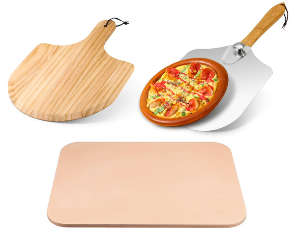 LOYIM 3 Pcs Pizza Stone Set Including 15"x 12“ large Rectangle Cordierite Stone, Wooden Peel, Aluminum Metal Peel with Foldable Wooden Handle for Baking Grill Cooking Homemade Pizza Bread BBQ