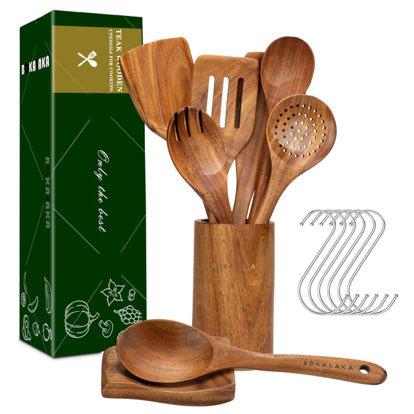 Wooden Spoons for Cooking, 9Pcs Natural Teak Wooden Utensils for Cooking Wooden Kitchen Utensils Set and Holde Cooking Utensils Set