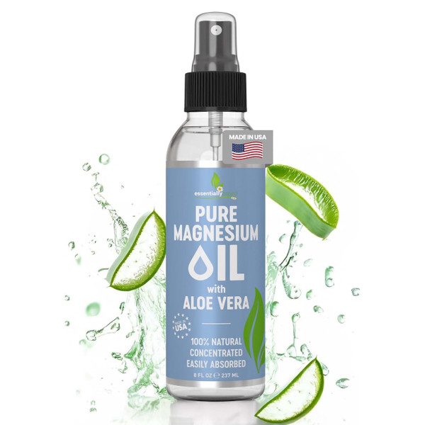 Pure Magnesium Oil Spray with Aloe Vera 8oz - Topical Magnesium Spray - Less Itchy - 100% Organic Oil - Made in USA
