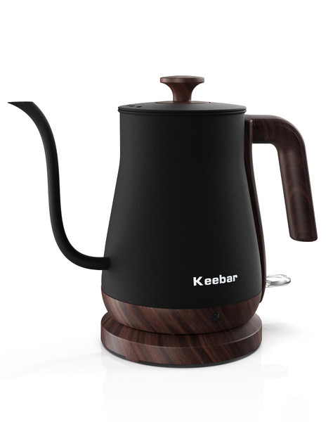 Keebar Gooseneck Electric Kettle - Stainless Steel Pour Over with Auto Shut Off, 0.8L Capacity, 1000W Quick Heating, Design with Elegant Handle, Matte Black with Walnut, Manual, (XH-W081-BW)