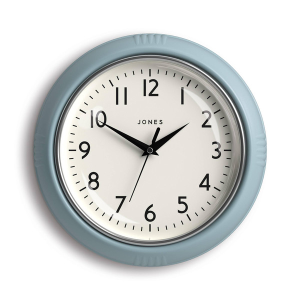 JONES CLOCKS® Ketchup Wall Clock | Round Retro Diner Clock | 10 inch | Pale Blue | Ideal for The Kitchen, Living Room, Office or Bedroom | Easy to Read Numbers