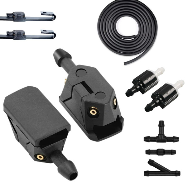 Click&Fit Windshield Washer Nozzles compatible with Ford Transit, Freightliner, Dodge Sprinter, VW Crafter, Peterbilt, 4-way nozzles for Wiper Arm 8-9mm (0.31-0.35in) including hose and check valves