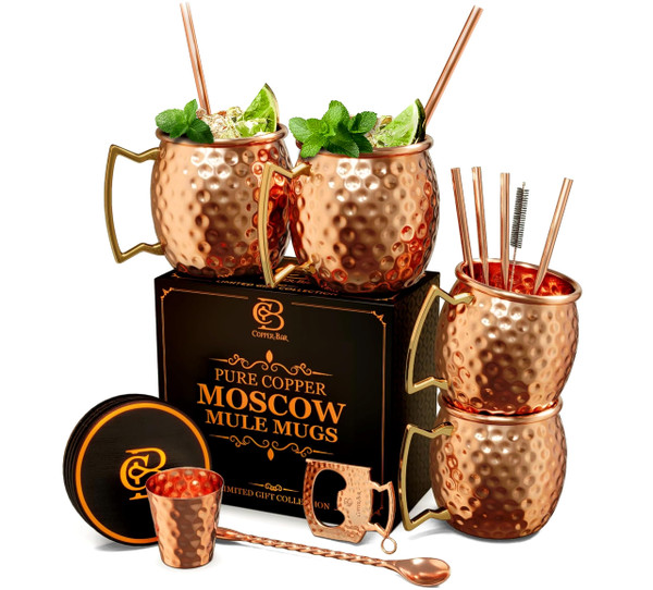 COPPER-BAR Moscow Mule Copper Mugs - Unique HANDCREFTED Gift Set of 4, Hammered by Artisan, 100% Pure Solid Copper Cups 16oz for Drinking Water & Cocktails, Include 18 Pcs accessories & Special Opener-1764957056