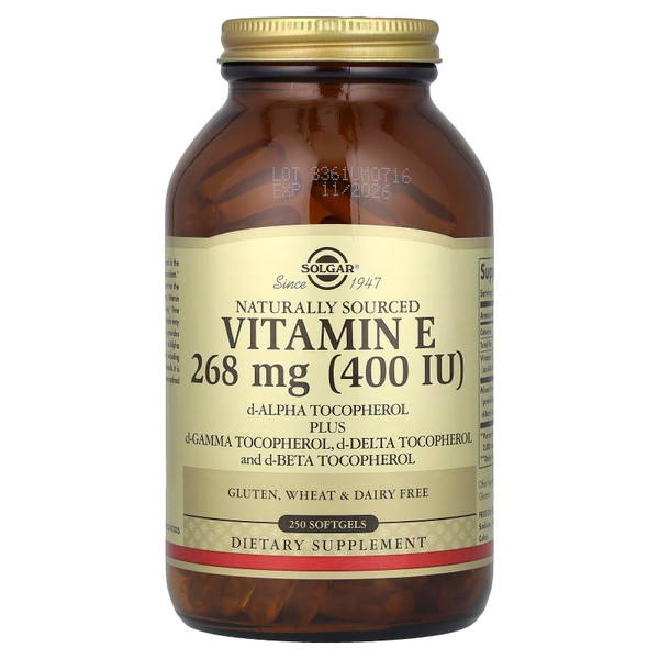 Solgar Vitamin E, d-Alpha Tocopherol Plus d-Gamma Tocopherol, d-Delta Tocopherol and d-Beta Tocopherol, 268 mg (400 IU), 250 Softgels