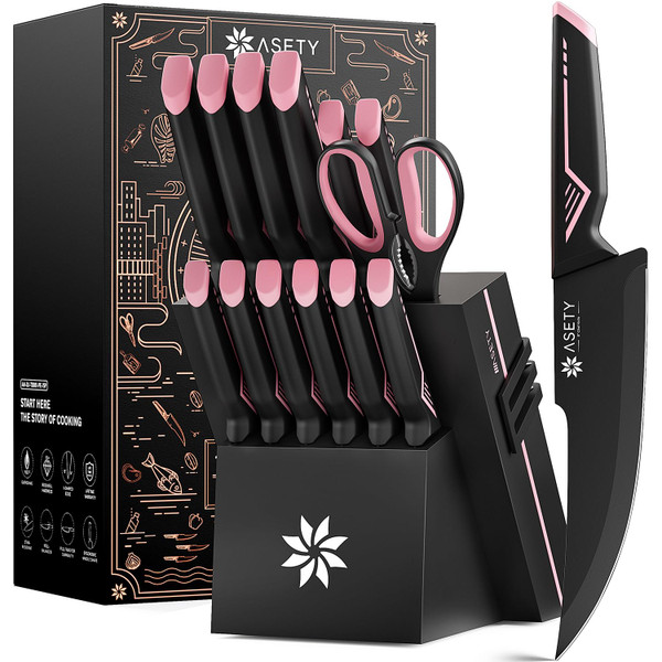 Knife Set - 15 PCS Kitchen Knife Set with Built-in Knife Sharpener Block - Stainless Steel Knife Block Set - Dishwasher Safe, Elegant Box for Men Women, Pink