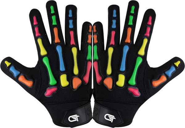 Glorious Traders Youth Football Gloves American Wide Receiver Injected Bones Football Gloves for Adult Men Women & Boys with Super Sticky Silicone Grip Palms (Black Multi, Youth Large)