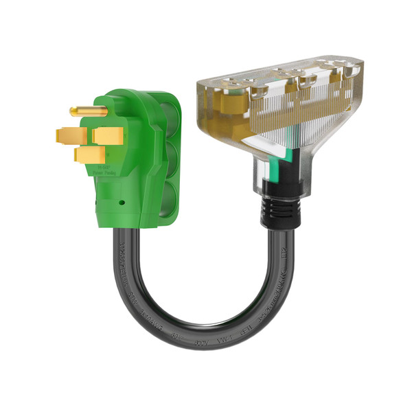 RVGUARD 50 Amp to 110V Adapter Cord, NEMA 14-50P to 3X 5-20R Household Outlet with LED Power Indicator