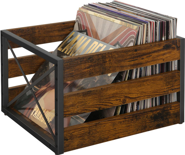YINMIT Vinyl Record Storage, Large LP Vinyl Record Storage Crate, Metal & Wooden Record Holder, Cube Record Organizer Box, Holds up to 80+ Records