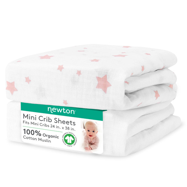 Newton Baby Fitted Mini Crib Sheets (2-Pack) | Organic Muslin Cotton, Breathable & Soft Baby Sheets, Washable Baby Mattress Sheets, Fits Mini Crib Mattresses 24" x 38", Stardust Coral & Plain White