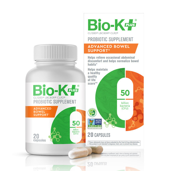 Bio-K+ Advanced Bowel Support Probiotic – 50 Billion CFU – Vegan, Gluten-Free, Non-GMO – Supports Digestive Health & Regularity – for Men & Women – 20 Capsules