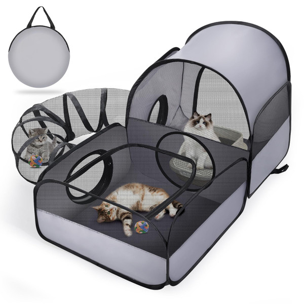 Portable Cat Playpen with Surround Tunnel, 2-Linked-Enclosed Areas, Ideal Cat Tent Outdoor or Cat Playpen for Indoor Cats Enclosed.Breathable Mesh Design for Indoor & Outdoor Use