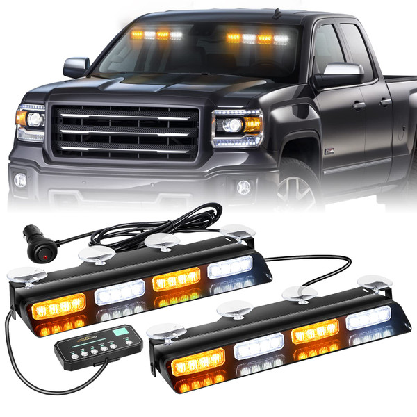 XRIDONSEN Emergency Dash Strobe Lights Safety Flashing Warning Hazard Interior Front/Rear Windshield Deck Split Light Bar w/Suction Cups for Construction Vehicles Trucks (2x14 inch, Amber White)