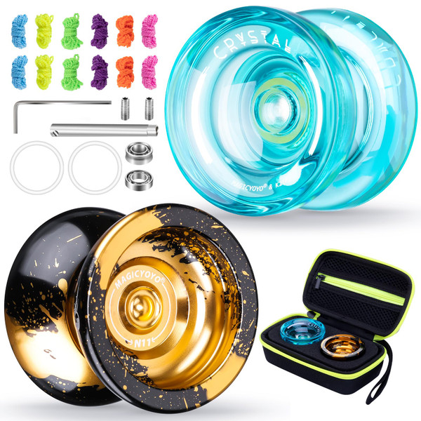 MAGICYOYO Gift Pack of 2 Yoyos - Responsive Yoyo K2 Crystal and Unresponsive Metal Yo-yo N11, Dual Purpose Yo yo for Kids and Adults, Extra 2 Hole Case + 12 Strings + Bearing Kit