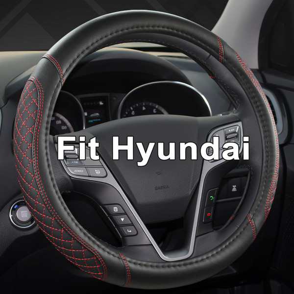 West Llama Customized Auto Car Steering Wheel Cover for Hyundai,Tucson,Sonata,Elantra,Santa Fe,Genesis,Sonata Hybrid,Azera,Venue,Kona, 14.5-15 inches(Diamond Quilted-Black+Red-Standard Size)