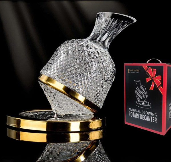 Wine Decanter Set - Spinning Crystal Red Wine Decanter Golden, 1.5L Luxury Wine Aerator Carafes Glass, Jarler Hand Blown lead-free Decanter with Greeting Card, Art Wine Gift for Wine Lover