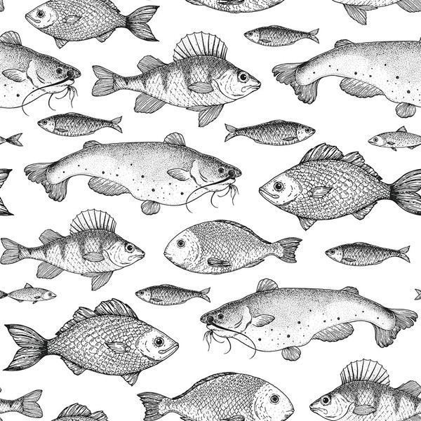 MuralPeel Black White Under The Sea Salmon Fish Modern Line Drawing Peel and Stick Wallpaper Self Adhesive Removable Easy Peel Off Contact Stick on Wall Paper for Bedroom Cabinet Renter