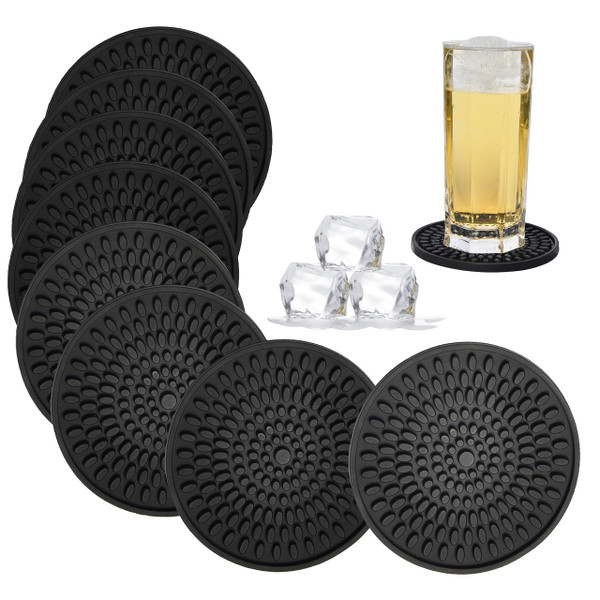 KindGa Coasters for Drinks Black, Absorbent Rubber Coaster Set, Silicone Drink Coasters for Large Mug/Cup/Bottle, Deep Tray 4.3 Inch Oval Shape Jar Opener Heat-Resistant Grips (Set of 8)