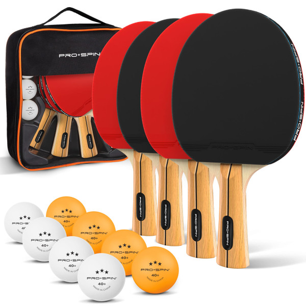 PRO-SPIN Ping Pong Paddles - High-Performance Set with Premium Table Tennis Rackets, 3-Star Ping Pong Balls, Compact Storage Case (4-Player Set, Red)