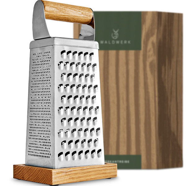WALDWERK Premium Grater with Etched Stainless Steel Blades - Grater for Kitchen with Oak Wood Base - Box Grater with 4 Sides for Parmesan Cheese, Vegetables, Carrots, or Potatoes - Cheese Grater