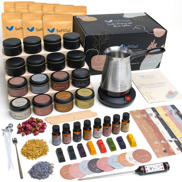 SoftOwl Premium Soy Candle Making Kit - Black Edition - Full Set with Electric Melter - Soy Wax, Big 16 Tins, 8 Pleasant Scents, 8x2 Color Dyes & More - Perfect as Home Decorations
