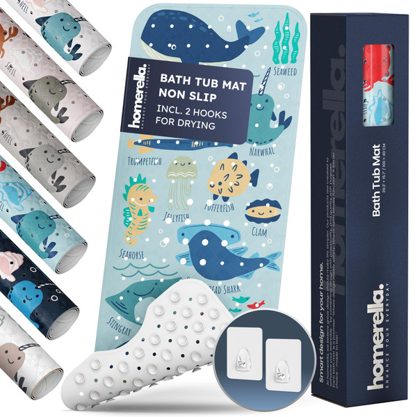 Bath Tub Mat Non Slip Anti Mold for Kids BPA Free INCL Hooks - homerella® Ocean Sea Animals 40x16, Baby Bath Mat Non Slip 200 Suction Cups, Non Toxic Machine Washable Toddler Bath Mat, EU Certified