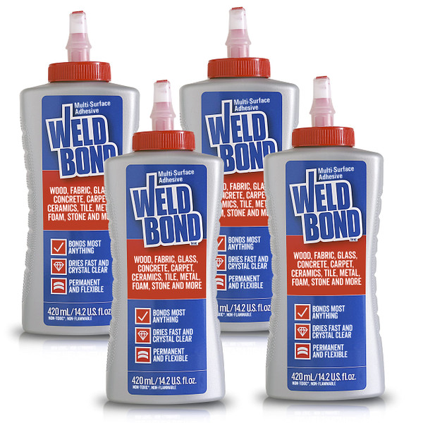 Weldbond Multi-Surface Adhesive Glue, Bonds Most Anything. Use as Wood Glue or on Fabric Glass Mosaic Carpet Ceramic Tile Metal Stone & More. Non-Toxic, ​Dries Crystal Clear 14.2oz /420ml (4 Pack)