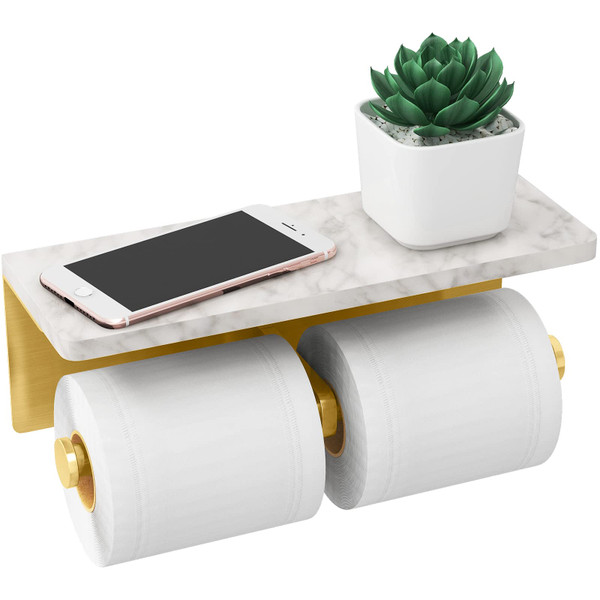 Brushed Gold Toilet Paper Holder with Shelf, New Upgrade Double Toilet Paper Holder with Storage, Marble Roll Toilet Paper Wall Mount for Bathroom Washroom