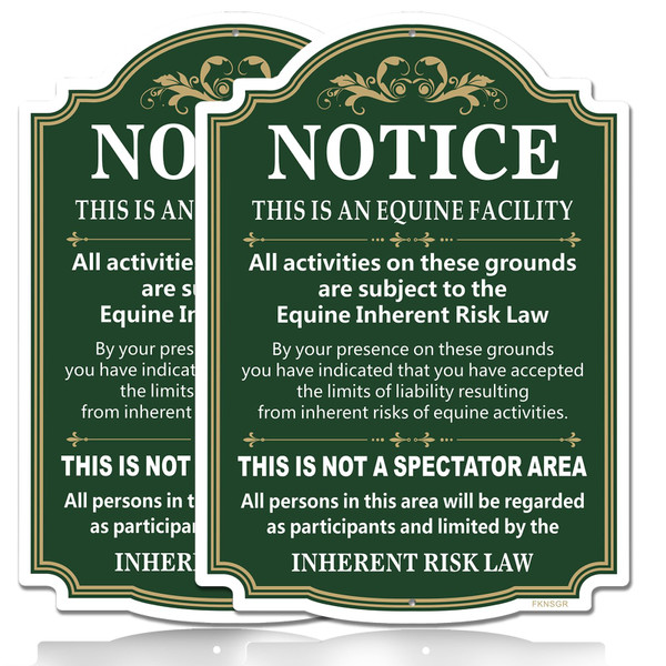 FKNSGR Equine Liability Sign 2 Pack, 10 x 14 inches Rust Free Aluminum Horse Barn Stable Farm Sign, UV Protected, Fade Resistant
