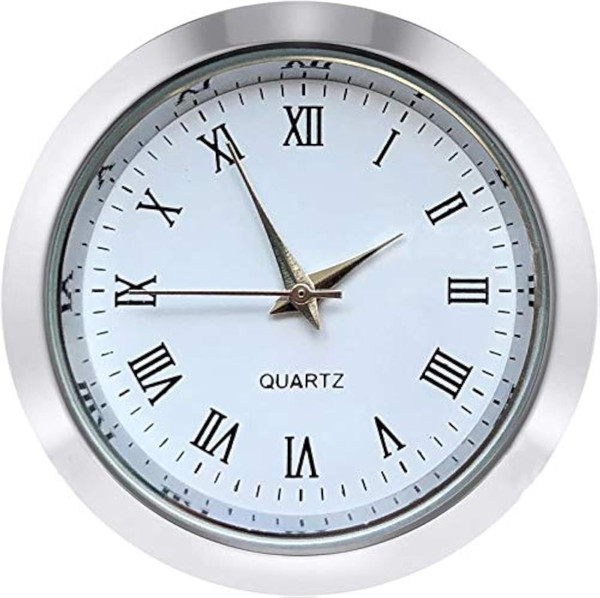 HILLHOME Mini Clock Insert 1-1/2 Inch (37 mm) Round Quartz Movement Miniature Clock White Face Silver Tone Bezel Roman Numerals Fit 35 mm Diameter Hole