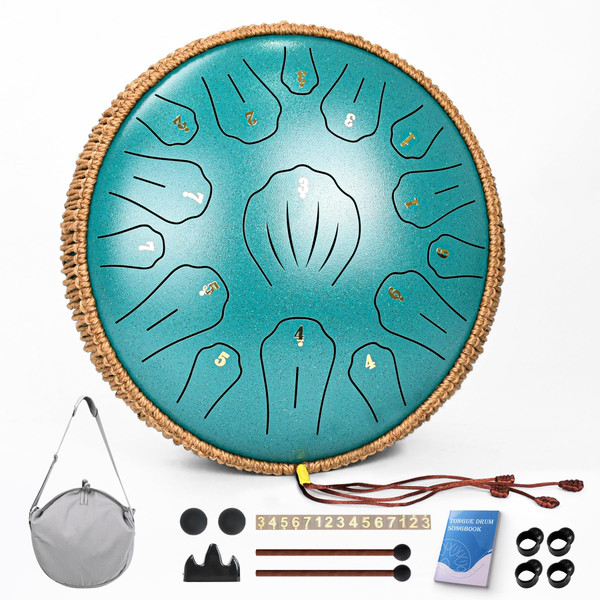 Steel Tongue Drum - 13 Inch 15 Note Tongue Drum, Handpan Musical Instrument for Adults Kids, Steel Drum with Music Book, Steel Drums Instruments with Mallet and Carry Bag, C Major (Malachite Green)