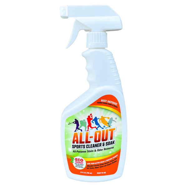All Out Sports Stain Cleaner | Remove Stains from Shoes, Jerseys, Hats, Pants, Clothing, Helmets, Gloves Etc | Long-Lasting Soak & Clean Formula | Works for All Sports Equipment | 24 Oz Spray Bottle