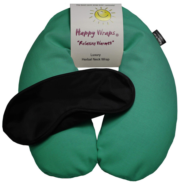 Happy Wraps Microwavable Herbal Neck Wrap - Hot Cold Aromatherapy Neck Warming Pillow - Heating Pad for Migraines, Stress, Gifts for Women, Birthdays, Christmas and Free Sleep Mask - Green