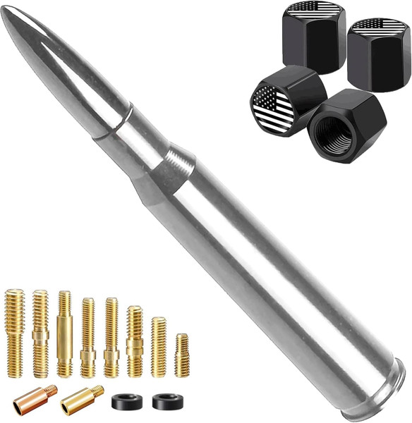 Truck Car Bullet Antenna with Valve Stem Caps Mast for GM Chevy Silverado 1500 2500 3500 HD Ford F150 F250 F350 Denali Heavy Pickup Jeep Truck Accessories (Chrome)-Car wash Safe