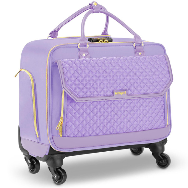Arcoyard Rolling Teacher Bag, Briefcase for Women with 4 Spinner Wheels, Roller Laptop Bag for Work with Leather Handle, Womens Travel Carry On, TSA Friendly Design, Purple