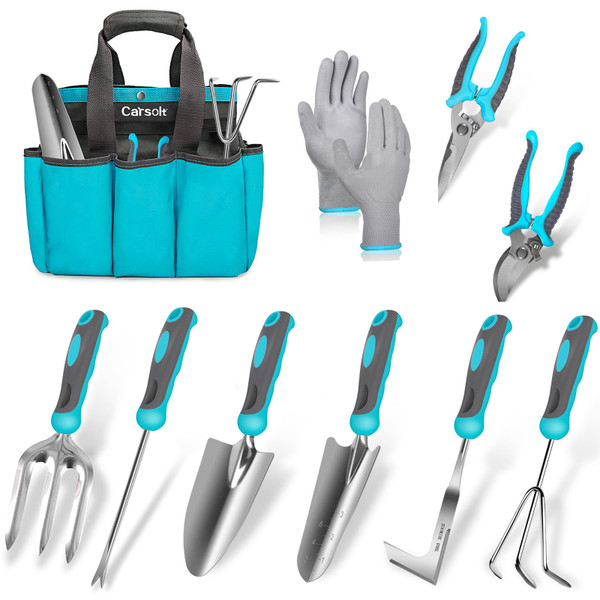 Gardening Tools, Carsolt 10 Piece Heavy Duty Stainless Steel Garden Tools Set with Ergonomic Rubber Handle. Variety of Gardening Hand Tools with Gift Box Ideal Garden Gifts for Women
