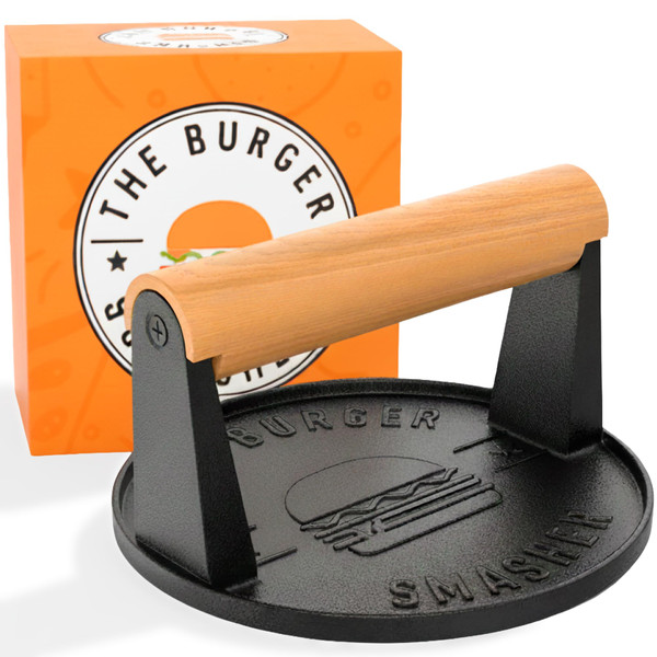 The Burger Smasher™ Pre-Seasoned Heavy Duty Cast Iron Smash Burger Press Kit - Heat Resistant Burger Smasher for Griddle, Food, Chef, Meat & Cooking Press, Hamburger Smasher - 30 Patty Paper