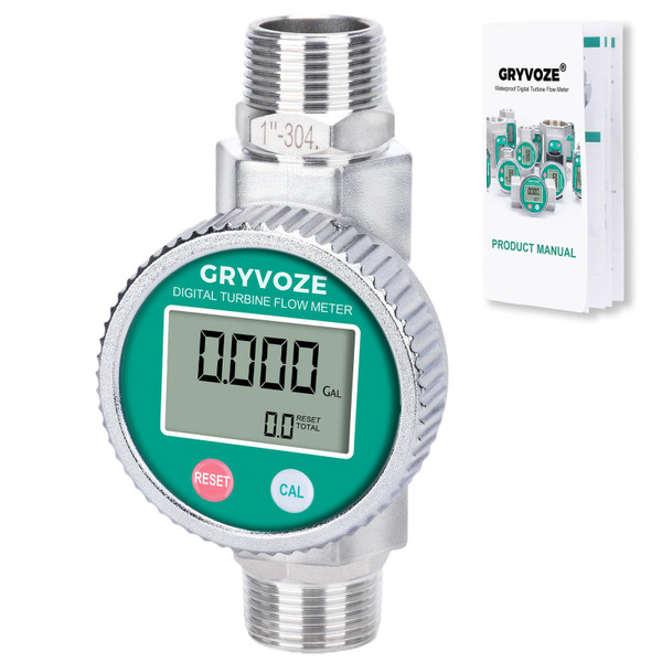 GRYVOZE 1 Inch Digital Water and Fuel Flow Meter Kit with Two Male Connectors - IP68 Waterproof and EMI Resistant, 2.4-26.4 GPM Inline NPT Flowmeter for Water, Diesel, Gasoline, and Other Liquids