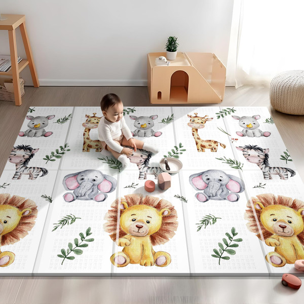 NOONKTY 79x71 Extra Large Baby Play Mat for Floor, Foldable Foam Playmat for Babies 0-12 Months & Kids, Non-Toxic Waterproof Baby Mat for Floor, Thick Playpen Mat for Tummy Time Crawling, Lion