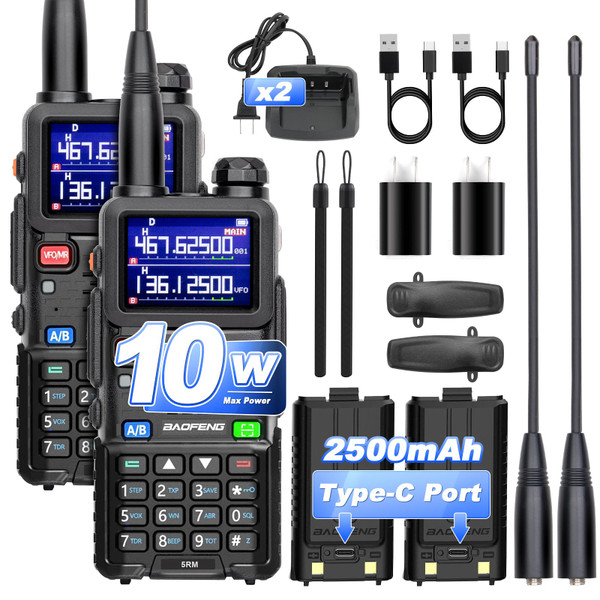 BAOFENG Ham Radio UV-5RM 10W High Power Long Range Two Way Radio,NOAA Weather Radio,DTMF, Copy Frequency,999CH, Rechargeable Walkie Talkies with USB-C Charging 2500mAh Battery,2 Pack