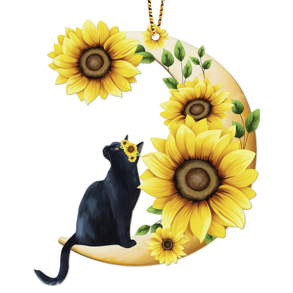 34HD Black Cat Christmas Ornament 2025 – Wooden Hanging Xmas Tree Ornament Decoration, Cute Christmas Keepsake Gifts and Home Decor with Sunflower Design for Cat Lovers and Garden Fans