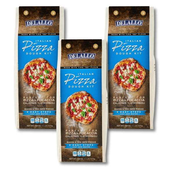 DeLallo, Italian Pizza Dough Kit, Pizza Crust Mix for Garlic Knots, Calzones, and Breadsticks, 00 Superfine Flour, Includes Instant Yeast Packet, Non-GMO, 17.6 oz Bag, (3 Pack)