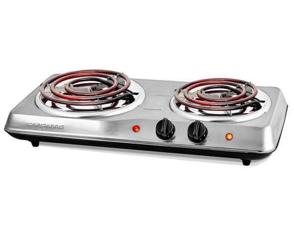 OVENTE Electric Countertop Double Burner, 1700W Cooktop with 6" and 5.75" Stainless Steel Coil Hot Plates, 5 Level Temperature Control, Indicator Lights and Easy to Clean Cooking Stove, Silver BGC102S